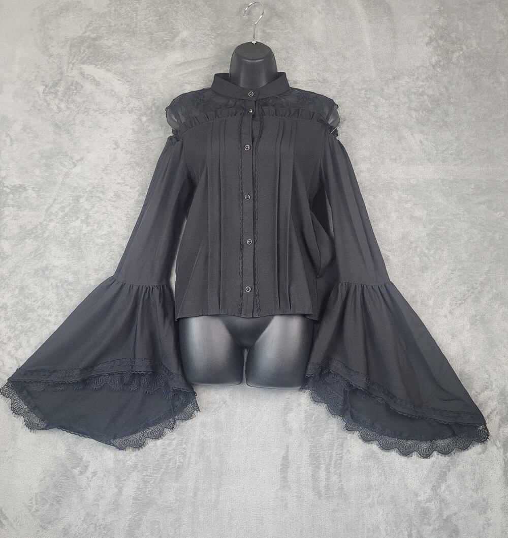 Yi Mu Xiao Jie Womens Black Lace Cold Shoulder Bell Sleeve Blouse Goth Romantic